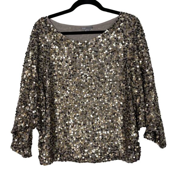 Vince Womens Medium M Gray Gold Cluster Sequin Blouse Top Raglan 3/4 Sleeve - Picture 1 of 8